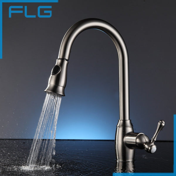 Modern New Brushed Nickel Kitchen Faucet Pull Out Single Handle Swivel Spout Vessel Sink Mixer Tap