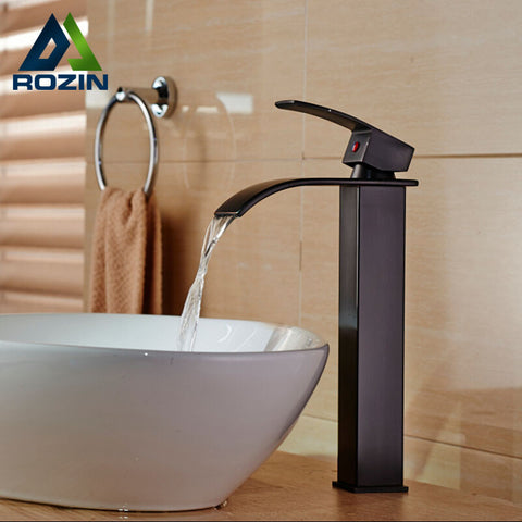 Oil Rubbed Bronze Countertop Waterfall Bathroom Vanity Sink Faucet Deck Mount with Hot Cold Water