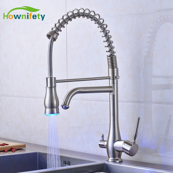 LED Kitchen Sink Faucet Solid Brass Pure Water Mixer Tap 360 Degree Rotate Nickel Brushed